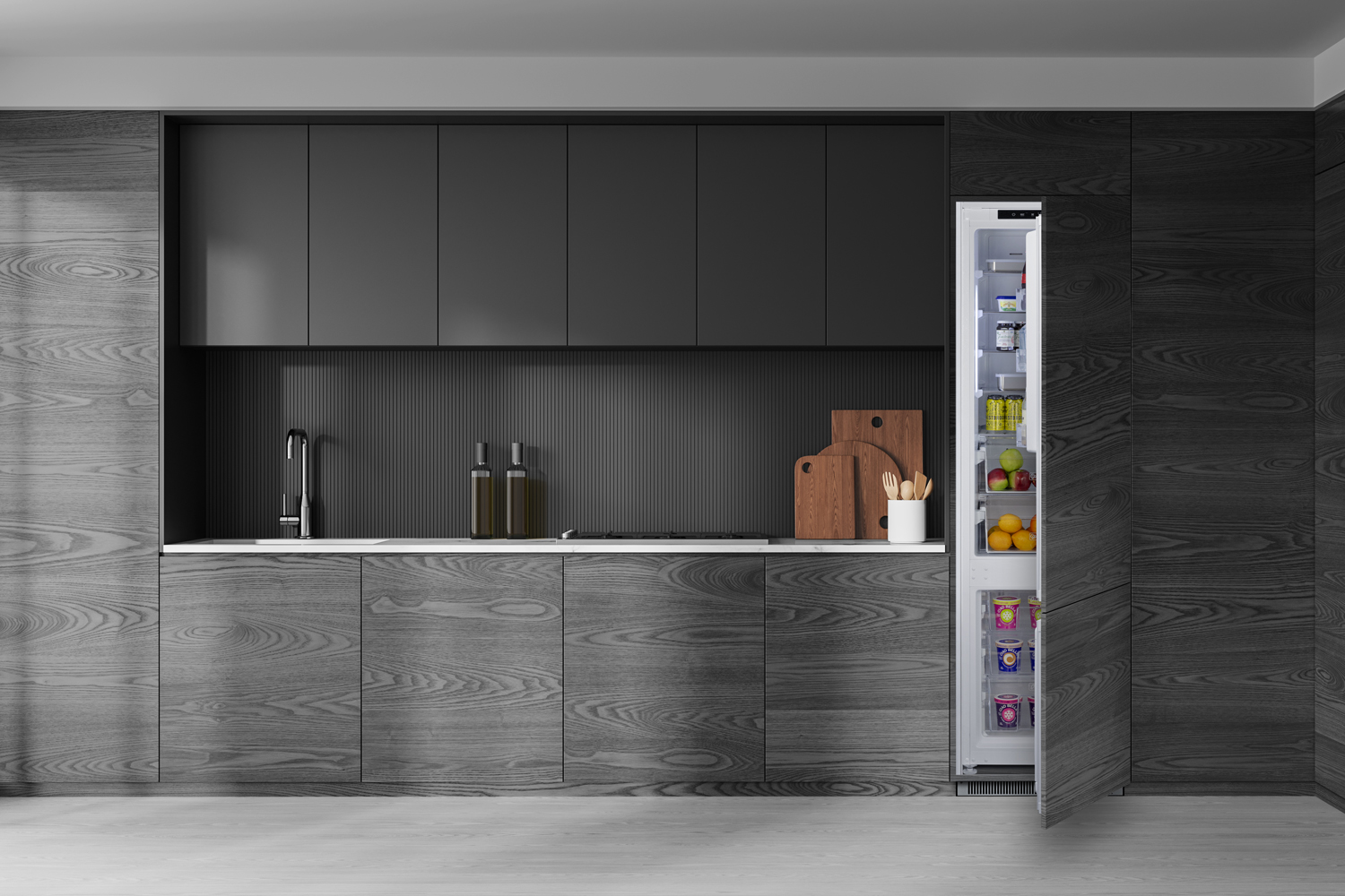 ENERGY STAR certified fully integrated bottom mount counter depth refrigerator-freezer with unfinished front to accept custom panels and fit 76 7/8